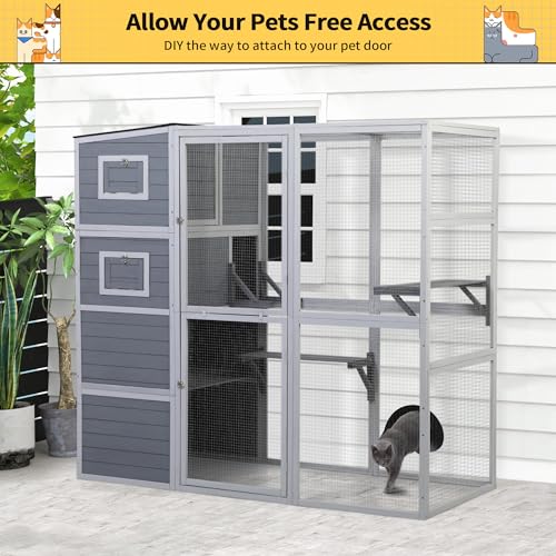 Outdoor Catio, Large Cat Enclosure House Weatherproof, 2 Resting Rooms, 4-Tier Cat Cage Catio for Cats w/ 2 Platforms, Wood