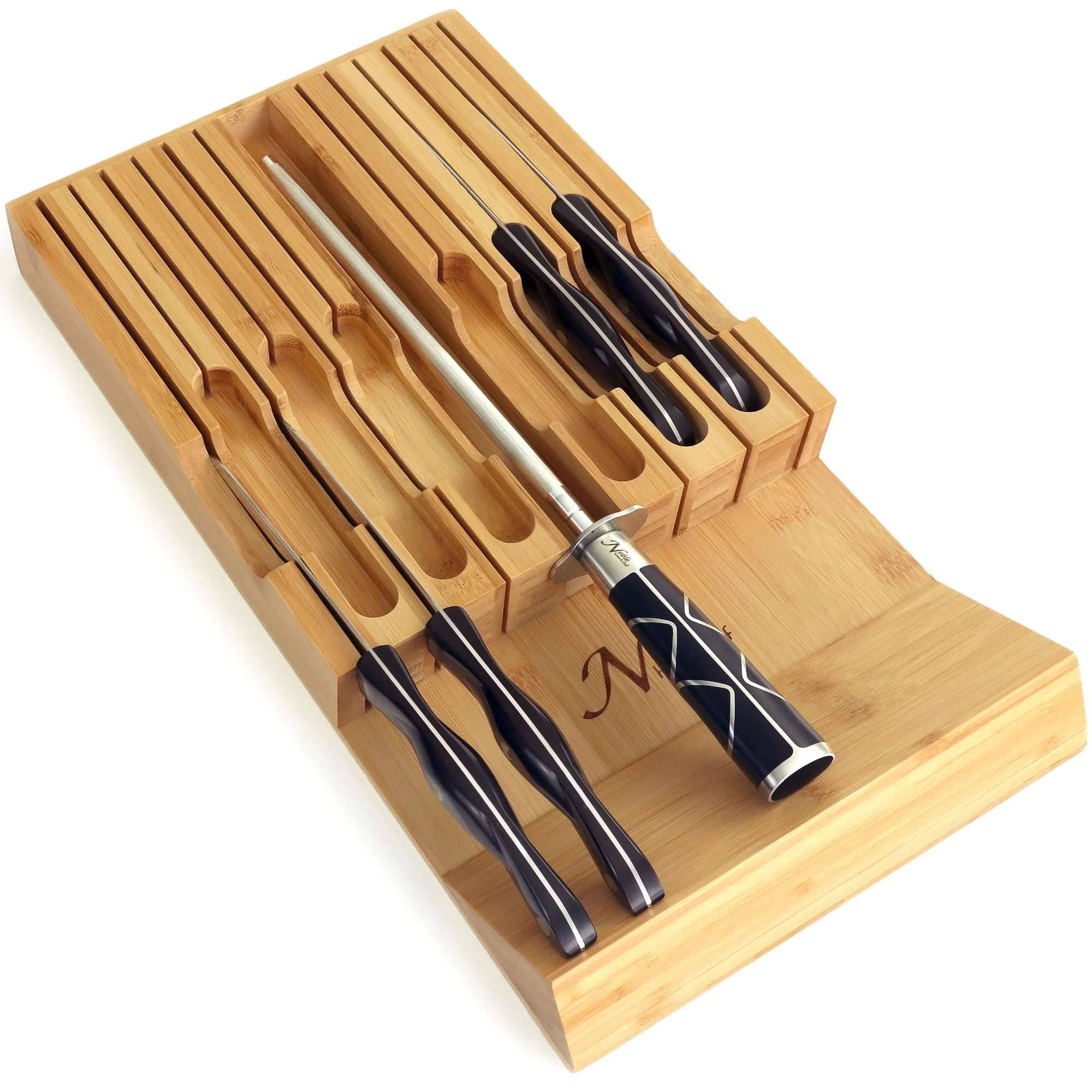 In-Drawer Bamboo Knife Block Holds 12 Knives (Not Included) Without Pointing Up PLUS a Slot for Your Knife Sharpener! Noble Home & Chef Knife Organizer Made from Quality Moso Bamboo