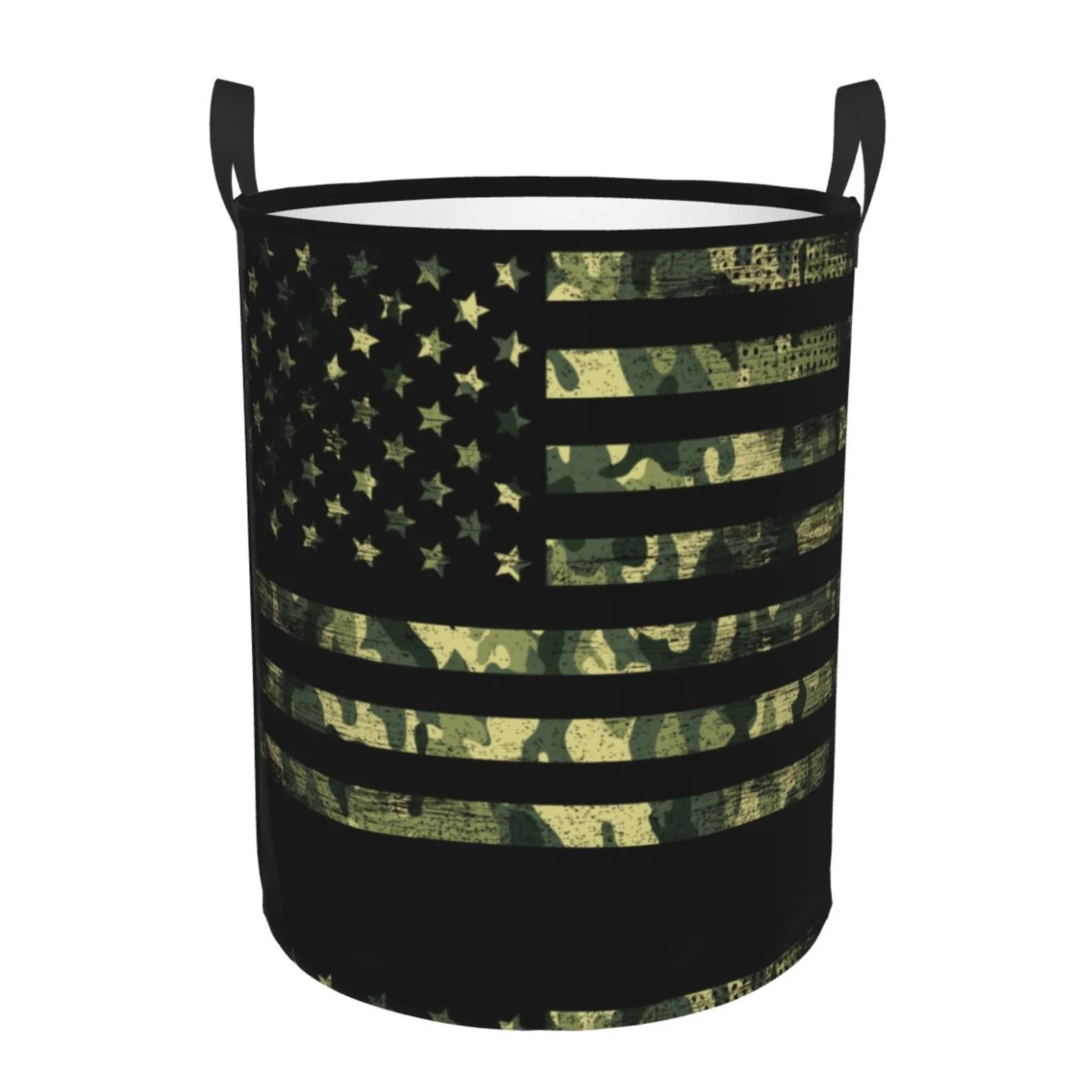 Fotbe Laundry Hamper With Durable Leather Laundry Basket American Flag Camo Thickened Waterproof Round Collapsible Laundry Hamper, Dirty Clothes Laundry Basket