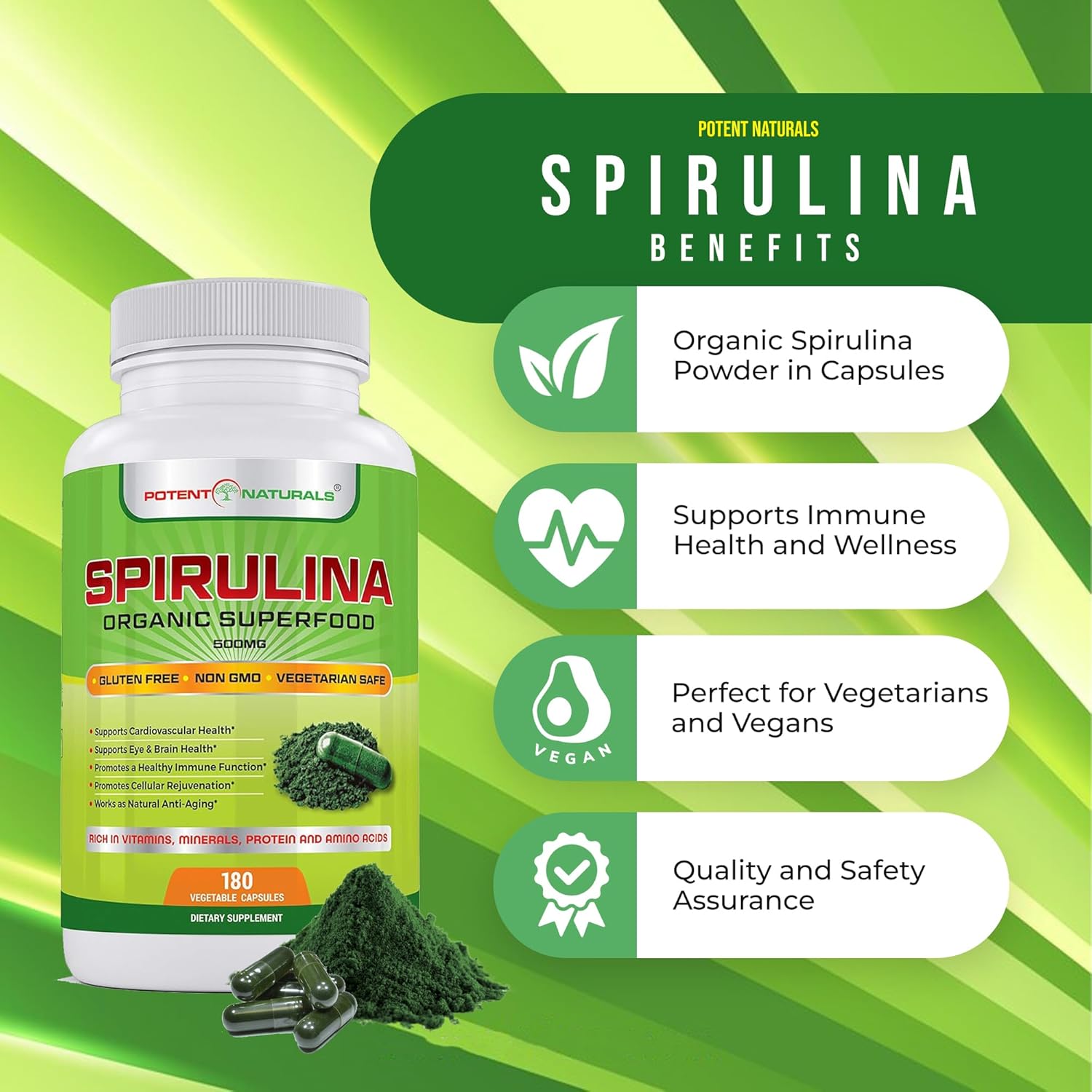 Organic Spirulina 3000mg - Green Algae Dietary Supplement with 180 Capsules - Non-gmo & Gluten Free - Rich in Protein, Vitamins, Minerals, and Amino Acids - 180 Count