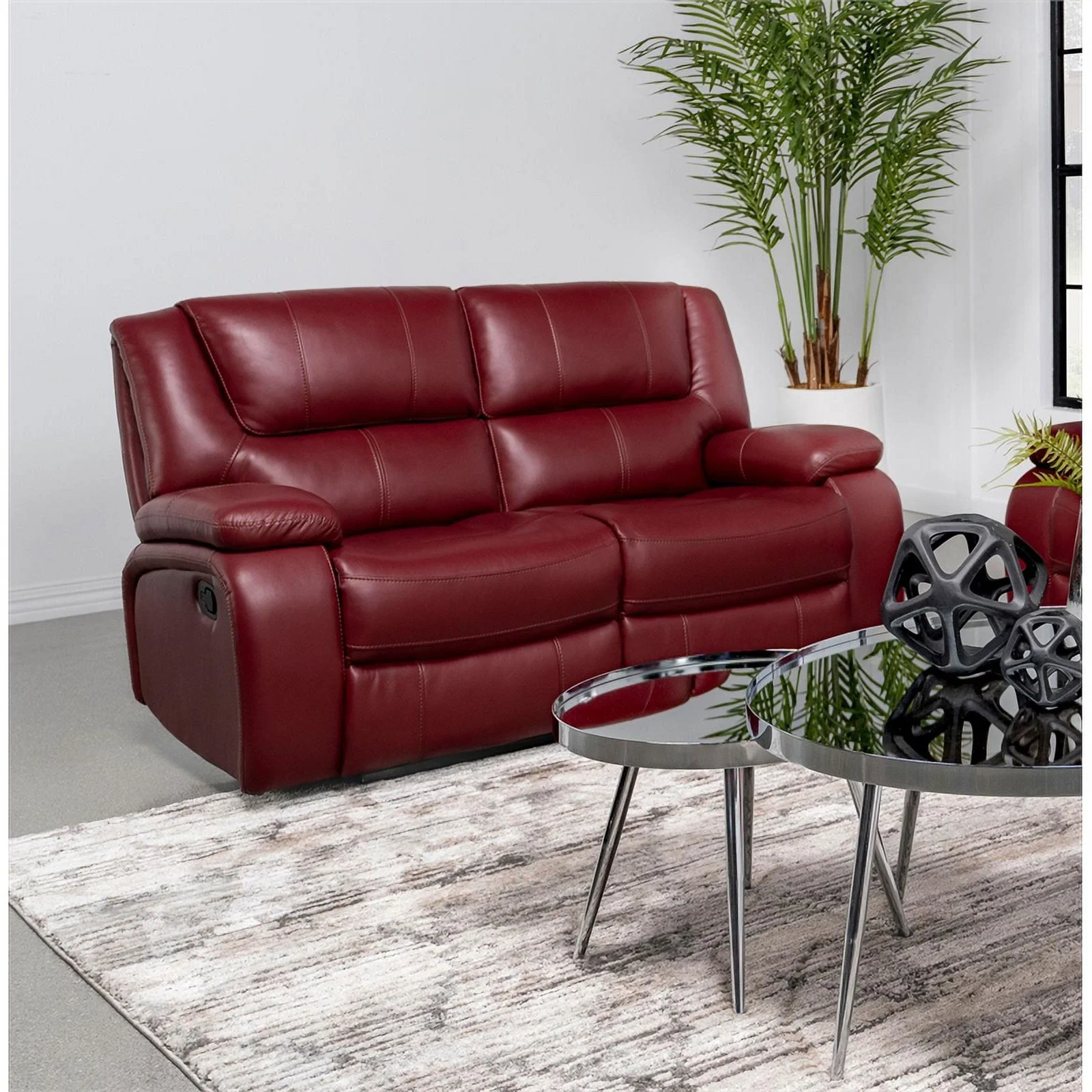 Coaster Upholstered Transitional Faux Leather Motion Loveseat in Red