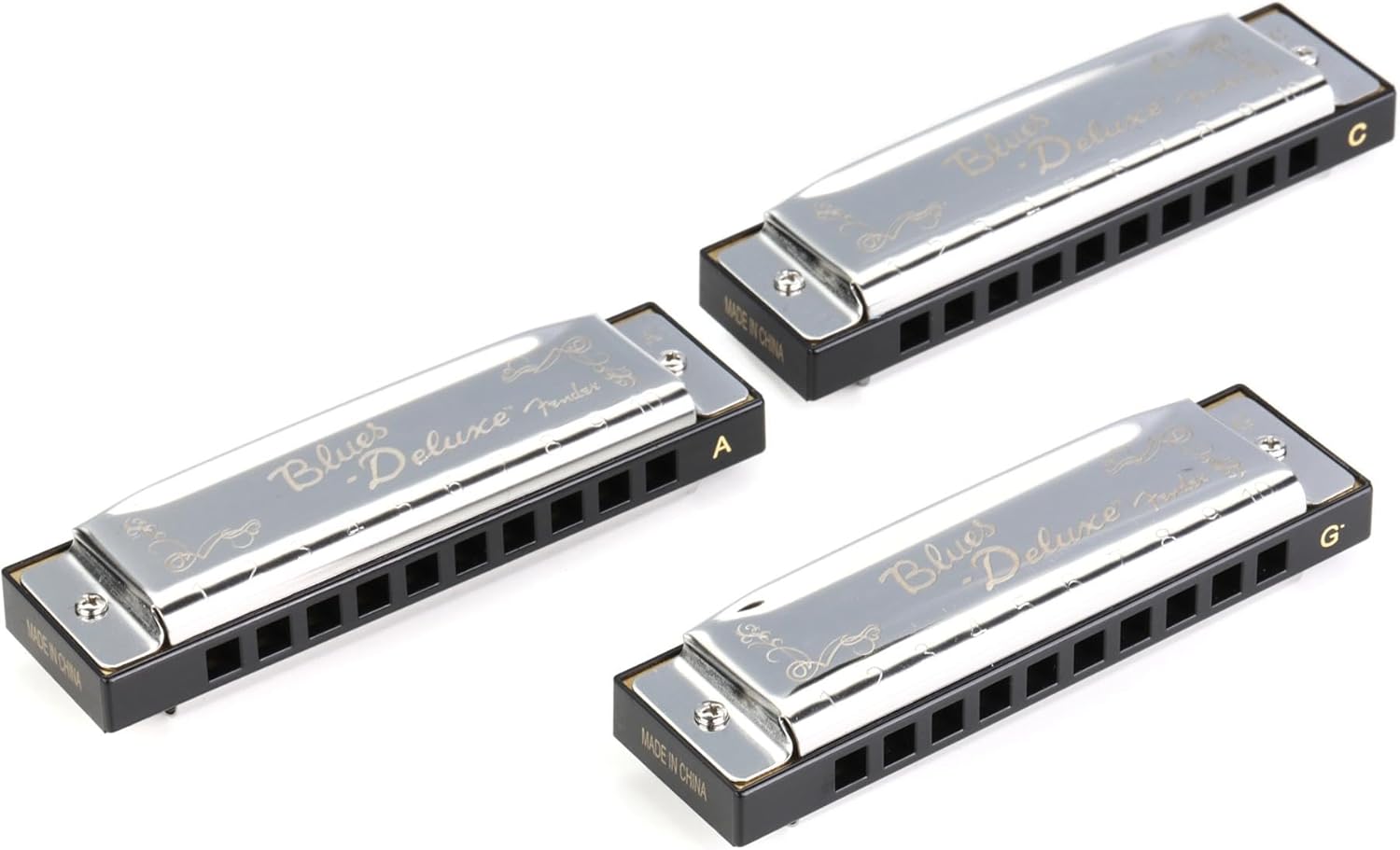 Fender Blues Deluxe Harmonica, Pack of 3 with case (Keys C,G,A)
