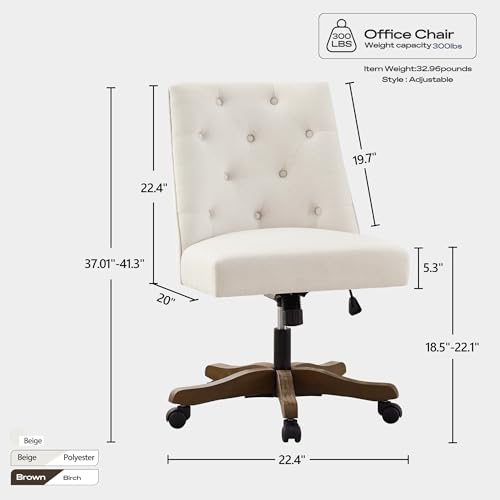 HUIMO Home Office Chair Upholstered Swivel Desk Chair with Wheels Chenille Fabric Adjustable Height Computer Chair with Wooden Legs Comfortable Armless Chair for Studio Study Home Office (Beige)