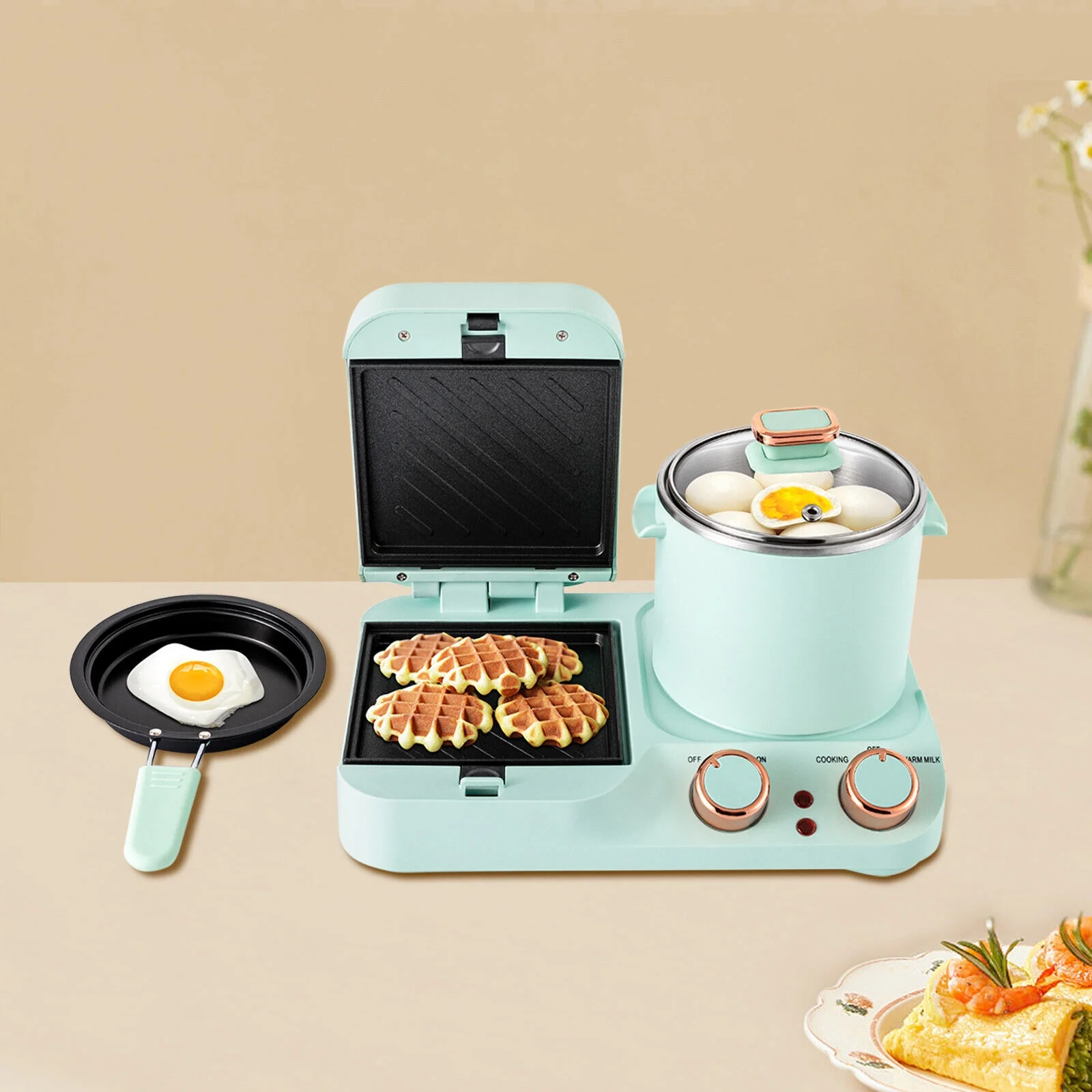 OUKANING 3 in1 Breakfast Station Electric Multifunctional Toaster Soup Pot Frying Pot Sandwich Machine Non-stick