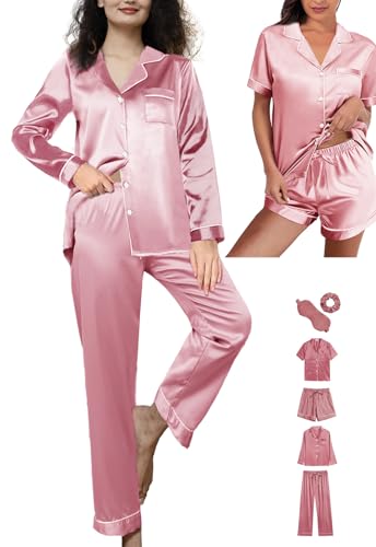 6Pcs Womens Silk Satin Pajamas Set XS-XXL Pajama Sets Pjs Set Button Down Pj Sets Sleepwear Loungewear