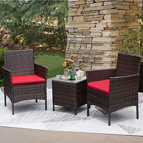 Greesum 3 Pieces Patio Furniture Sets Outdoor PE Rattan Wicker Chairs with Soft Cushion and Glass Coffee Table for Garden Backyard Porch Poolside, Brown and Beige