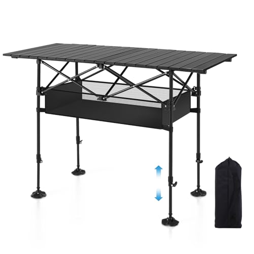 LET'S CAMP Folding Camping Table, Portable Aluminum Roll-up Picnic Backpacking Table with Adjustable Height, Large Storage and Carrying Bag for Picnic, Camping, BBQ, Party, Backyard, Beach