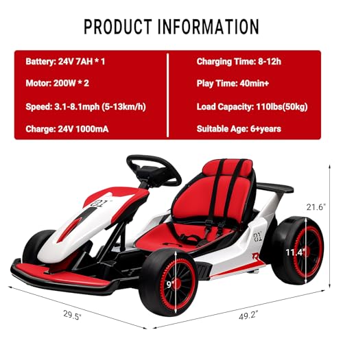 Kids Go Kart, Ride On Drift Kart with Dual 200W Motors, 24V Battery Powered Electric Drift Car, Outdoor 2-Speed Ride On Racing Toy for Boys Girls 6+, 8.1 Mph Max Speed, White