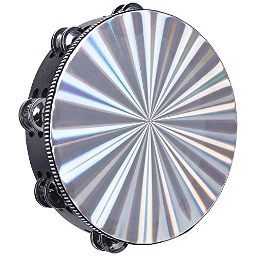 Radiant Tambourines, 10 inch Tambourine with Double Row Jingle Reflective Hand Drum Percussion Handheld Drum Bell Musical Instrument Hand Held Percussion for Adults Church, KTV, Party, Games