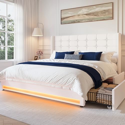 Queen Size LED Bed Frame with 4 Storage Drawers and Tufted Headboard Velvet Upholstered Platform Bed Frame Wingback Beds with Heavy Duty Wood Slats, Easy Assembly, White