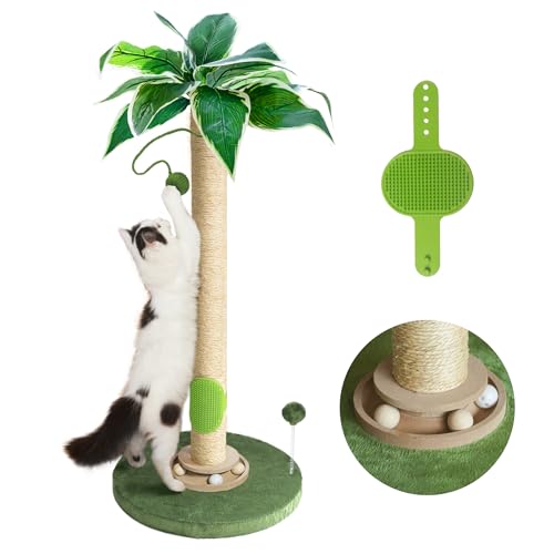 Cat Scratching Post 33'' Cat Scratcher Tall Scratching Posts for Indoor Cats with Cat Toy and Interactive Ball Self Groomer for Kittens Adults Cats