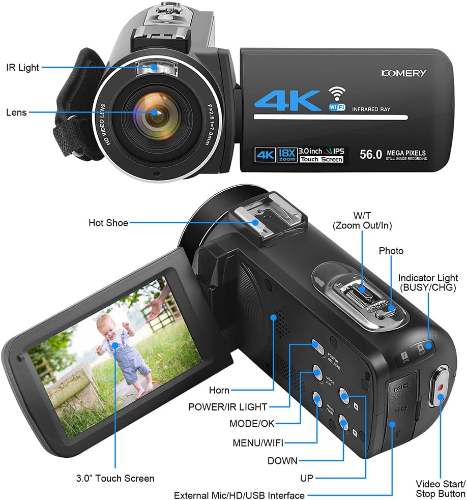 Camcorder Video Camera 4K 56MP UHD Video Camera for YouTube with External Mic Video Camera Camcorder with 32G SD Card 2.4G Remote IR Night Vision, 18X Digital Zoom Camcorder WiFi