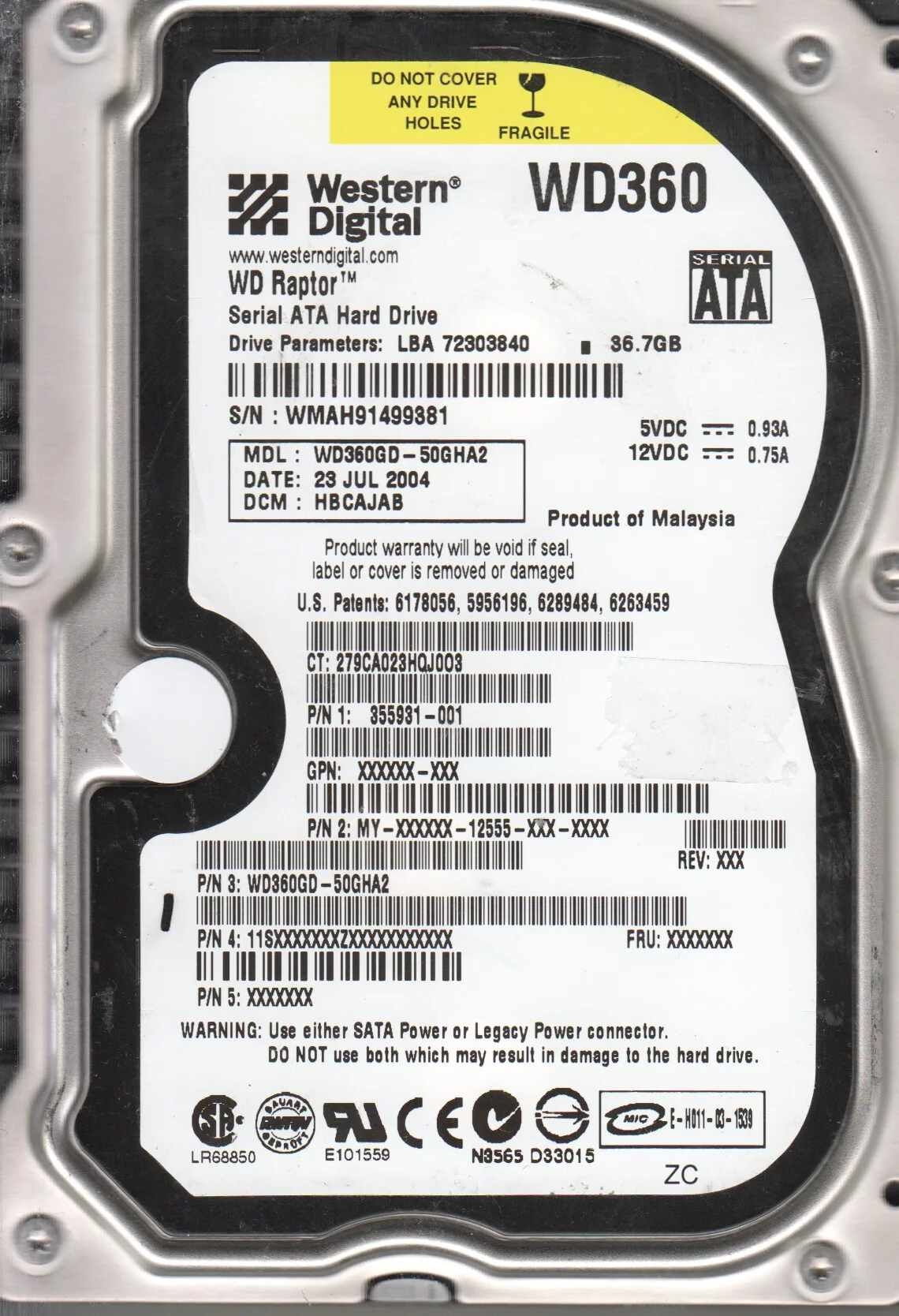 WD360GD-50GHA2, DCM HBCAJAB, Western Digital 36.7GB SATA 3.5 Hard Drive