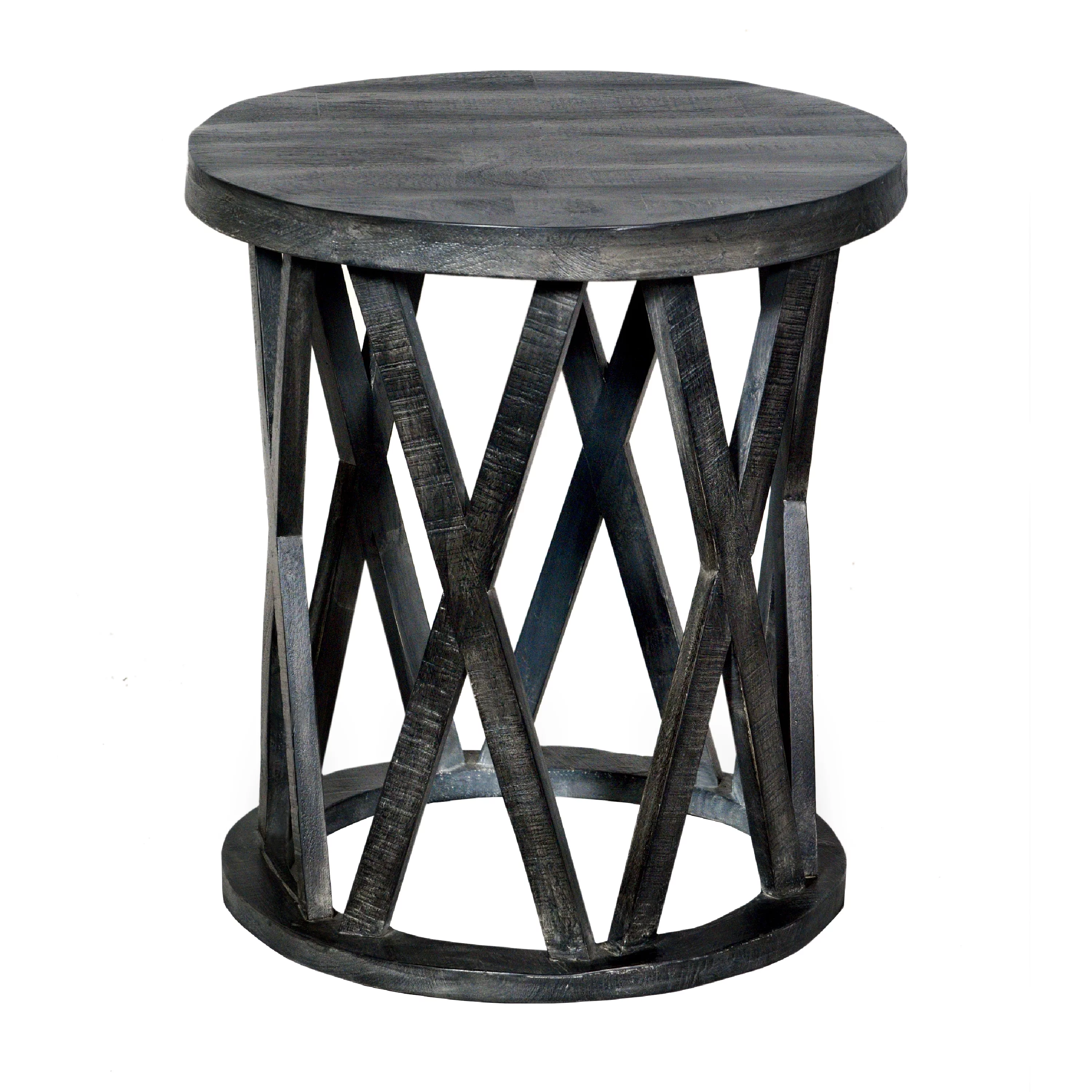 22 Inch Farmhouse Style Round Wooden End Table with Airy Design Base, Dark Gray- Saltoro Sherpi