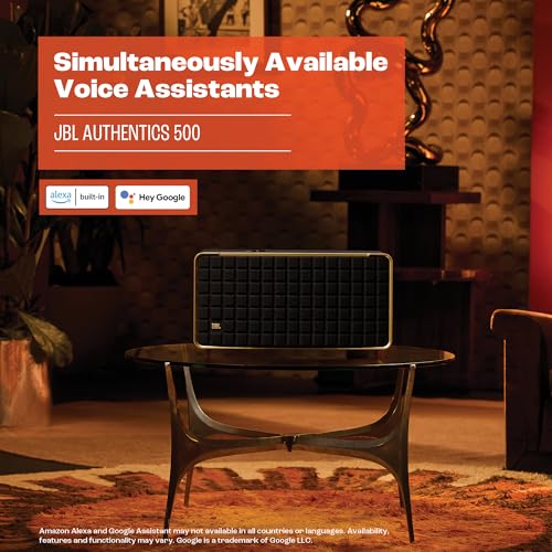 JBL Authentics 200 - Retro Style Smart Home Speaker with Built in Wi-Fi, Bluetooth and Voice Assistants, Alexa and Google Assistant, Multi-Room Playback, Automatic self tuning (Black/Gold)