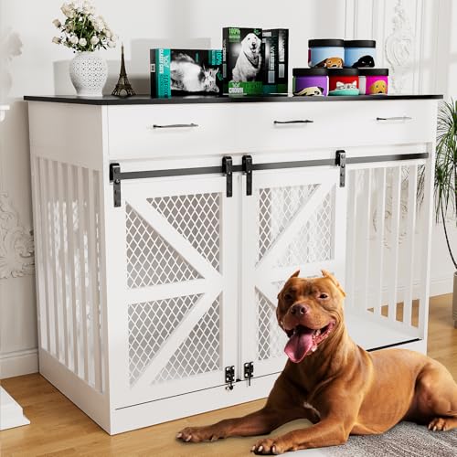 48'' Dog Crate Furniture with Removable Divider & Storage Drawers, Wooden Double Dog Cage TV Stand with 2 Sliding Barn Doors, Multi-Functional Dog Crate End Table for Indoor use (White)