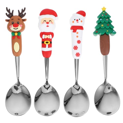 Christmas Spoon Set Stainless: 4pcs Xmas Mixing Spoons Silver for Dinner Dessert Tea Ice Cream for Holiday Party Supply