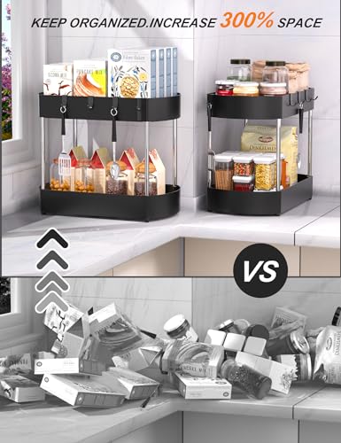 2 Pack Under sink organizers and storage for Kitchen, Bathroom, Cabinet, Enhanced structural design- Anti-corrosion- More space for storage- Black(under sink organizer-2)