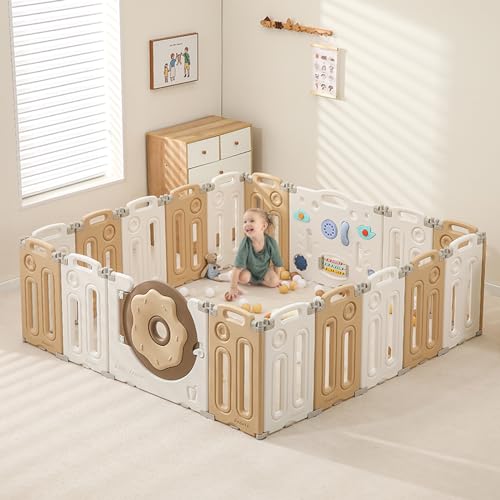 Baby Playpen, Foldable Baby Playpen, Playpen for Babies and Toddlers, Baby Fence with Game Panel and Safety Gate, Adjustable Play Pens, Portable Kids Play Yards for Indoor, 18 Panels