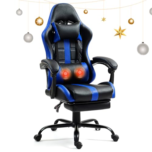 Massage Gaming Chair w/Footrest, Ergonomic High Back PC Chair w/Headrest and Lumbar, PU Swivel Home Desk Office Chair, Black