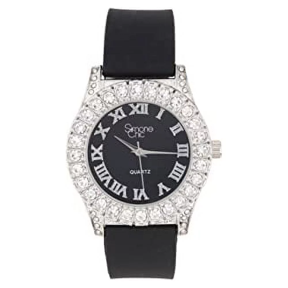 Simone Chic. Women's Big Rocks Fully Iced Bezel Colored Dial w/Easy Reader Roman Numerals Colorful Rubber Band Watch - ST10357LA (2pcSet SLV Night Blk)