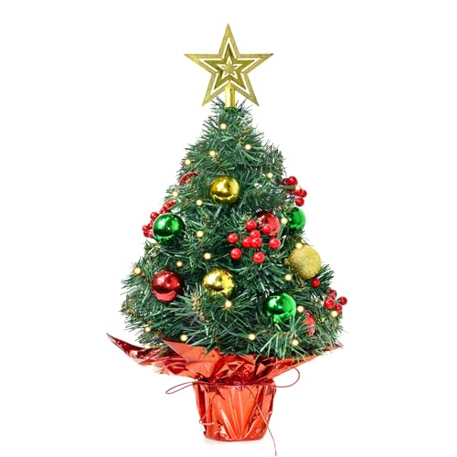 Tabletop Christmas Tree with LED String Lights,22In Pre-Decorated Mini Artificial Christmas Tree for Desktop,Star Treetop and Colored Oranments for Home Indoor Holiday Christmas Decoration-Red