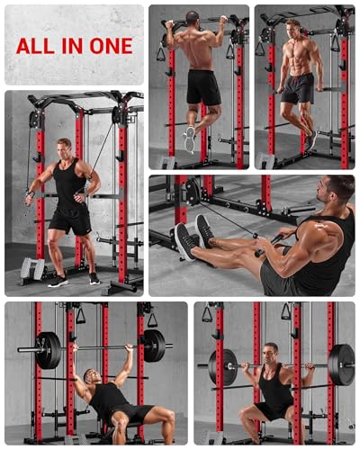 C11 Multi-Function Power Rack, 2000 lbs Power Cage with Adjustable Cable Crossover System and More Training Attachment, All-in-One Squat Rack with Dual Pulley System