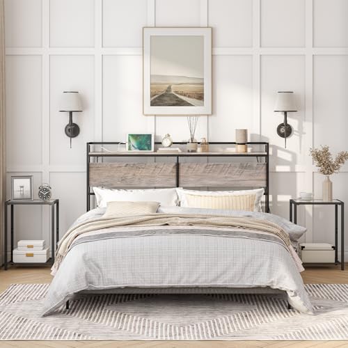 HOOBRO Headboard Queen Size, Headboard with 2 Outlets and 4 USB Ports, Adjustable Height, Storage Rack, Sturdy and Stable, Easy Assembly, Charcoal Gray and Black