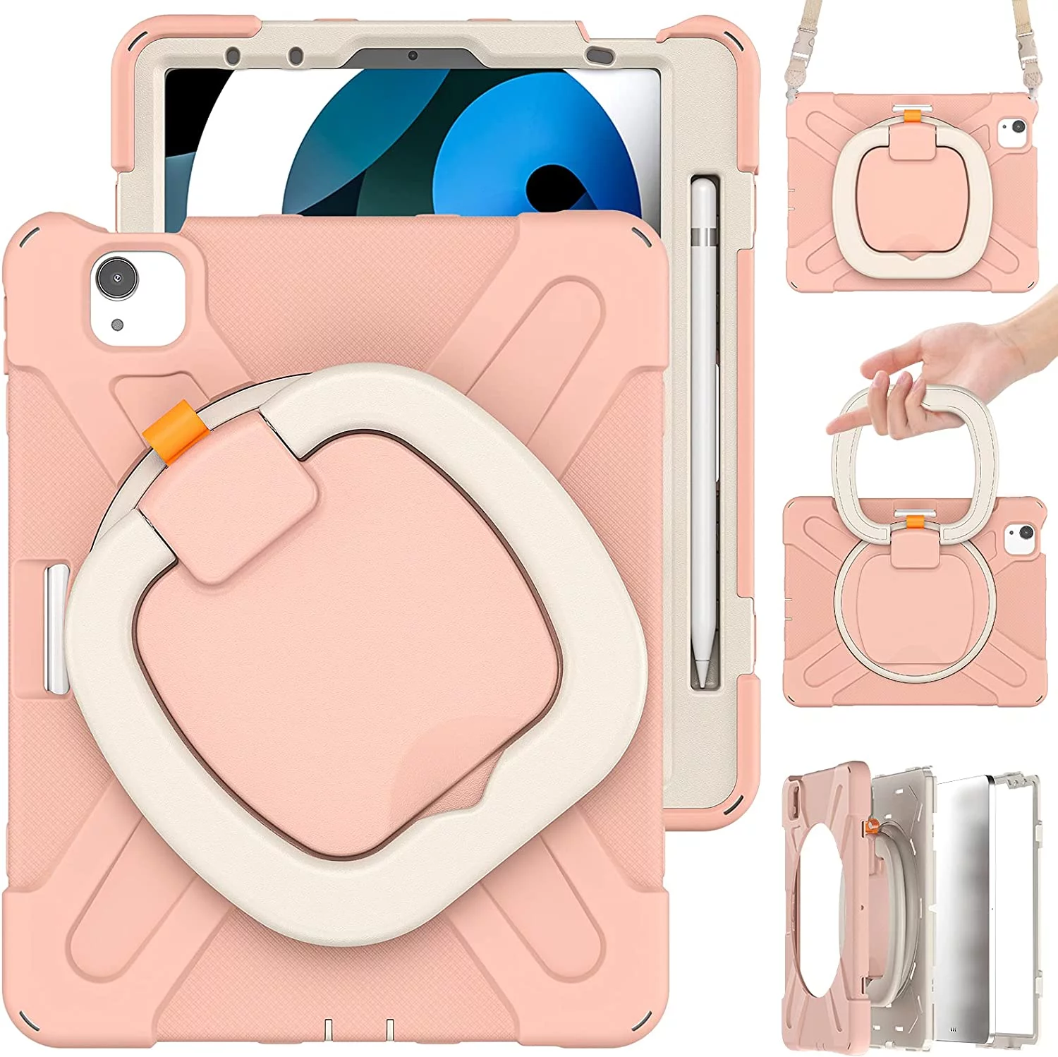 iPad Air4 2020/Air5 2022 Case iPad Pro11 case 4th/ 3rd / 2nd Generation 360°Rotatable Stand Shoulder Strap Pencil Holder Heavy Duty Shockproof Silicone Protective Case