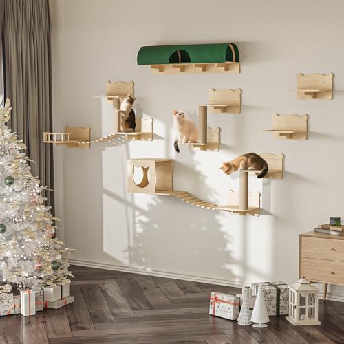 LEMBERI Cat Wall Shelves, 16 Pcs Set Wall Mounted Cat Shelves with Bed, House, Steps, Bridge Ladder, Tunnel and Scratching Post, Wooden Feline Furniture for Indoor Climbing, Sleeping, Playing