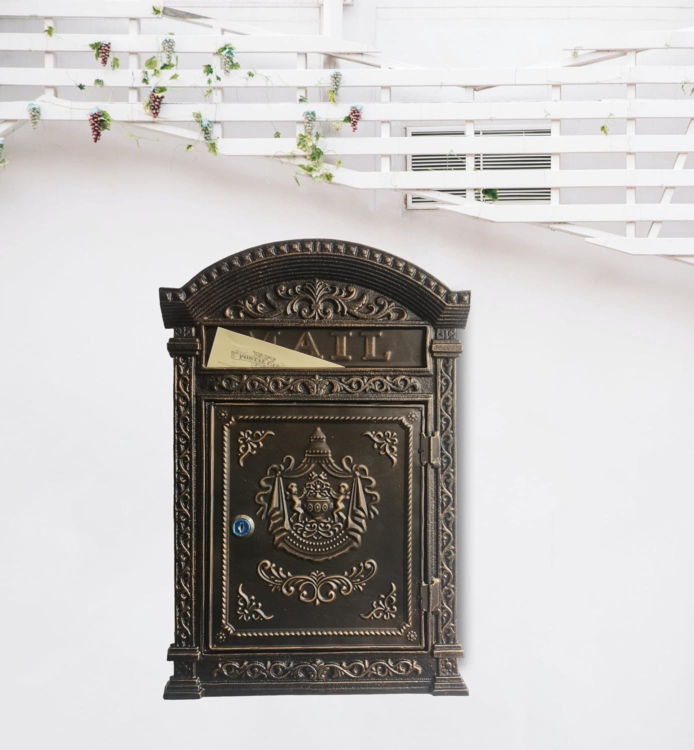 Decorative Lock Mailbox Outdoor - Metal Wall-Mounted Mailbox - Vintage Cast Iron Locking Mailbox