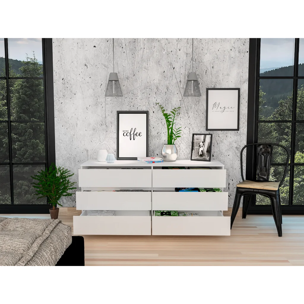 Depot E-Shop DE-CDB7669 Cocora 6 Drawer Double Dresser with Superior Top, Light Oak & White