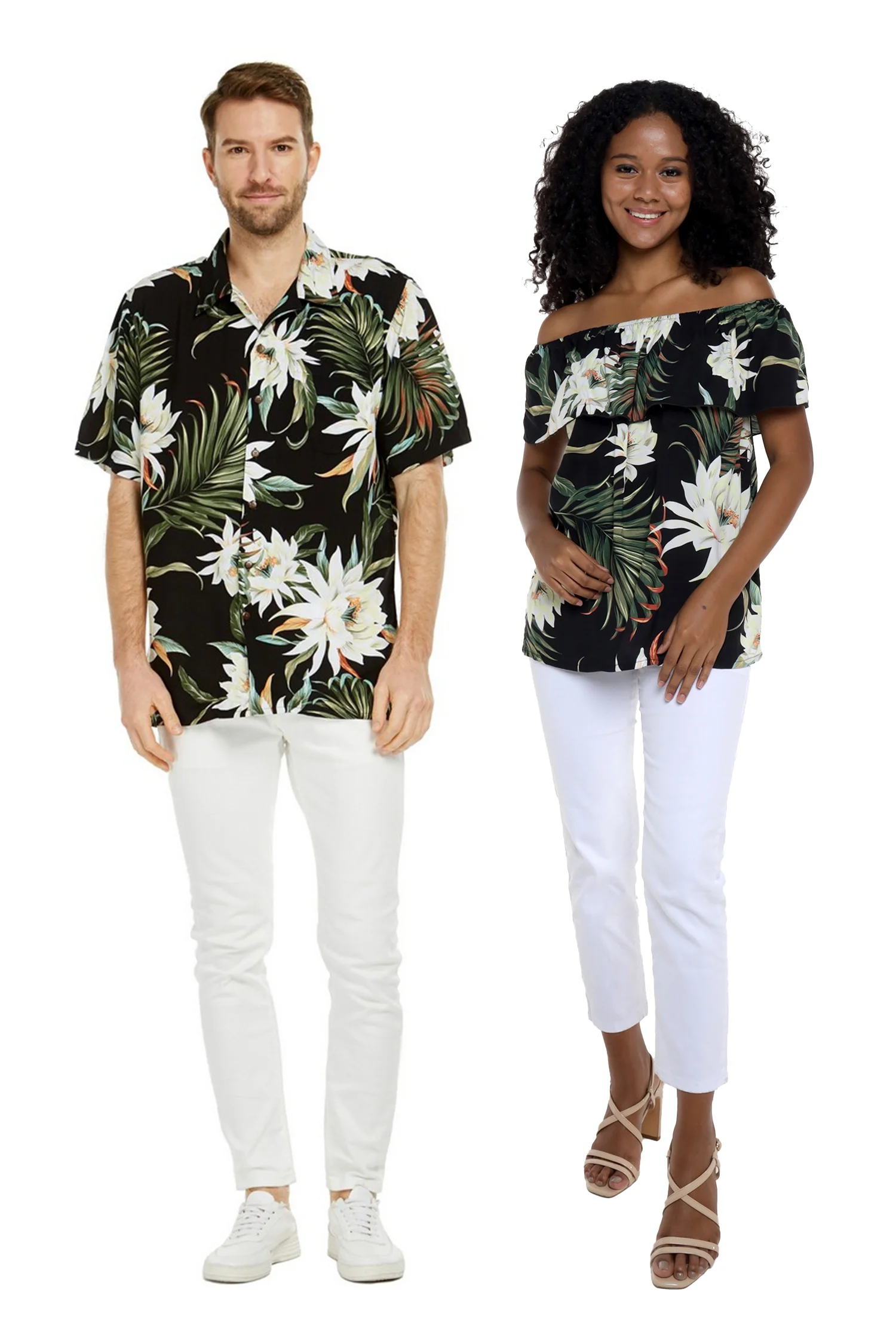Matchable Couple Hawaiian Luau Off-Shoulder Ruffle Muumuu Top in Wispy Cereus Black, Women, M