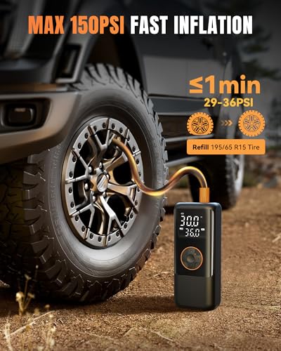 Tire Inflator Portable Air Compressor, 150PSI Air Compressor for Car Tires, Cordless Bike Pump with Tire Pressure Gauge & LED Light, Tire Pump for Cars, Motorcycles, Bikes, Balls