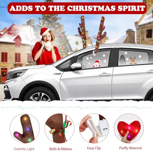 Christmas Reindeer Antlers for Cars With LED Lights, Window Sticker, Jingle Bells, Rudolph Nose - Car Decoration Kit