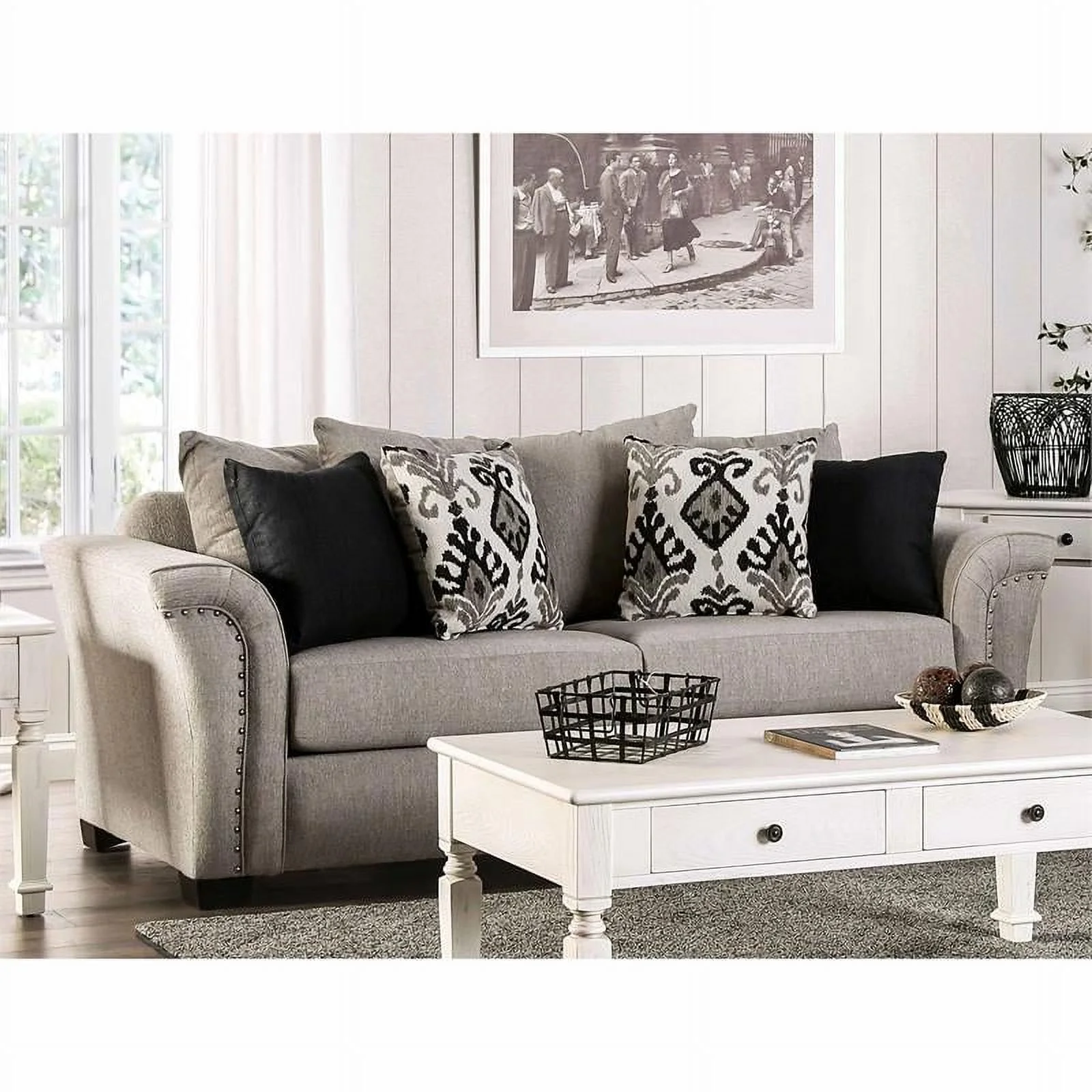 Furniture of America Jaqui Fabric Nailhead Sofa in Light Taupe Brown