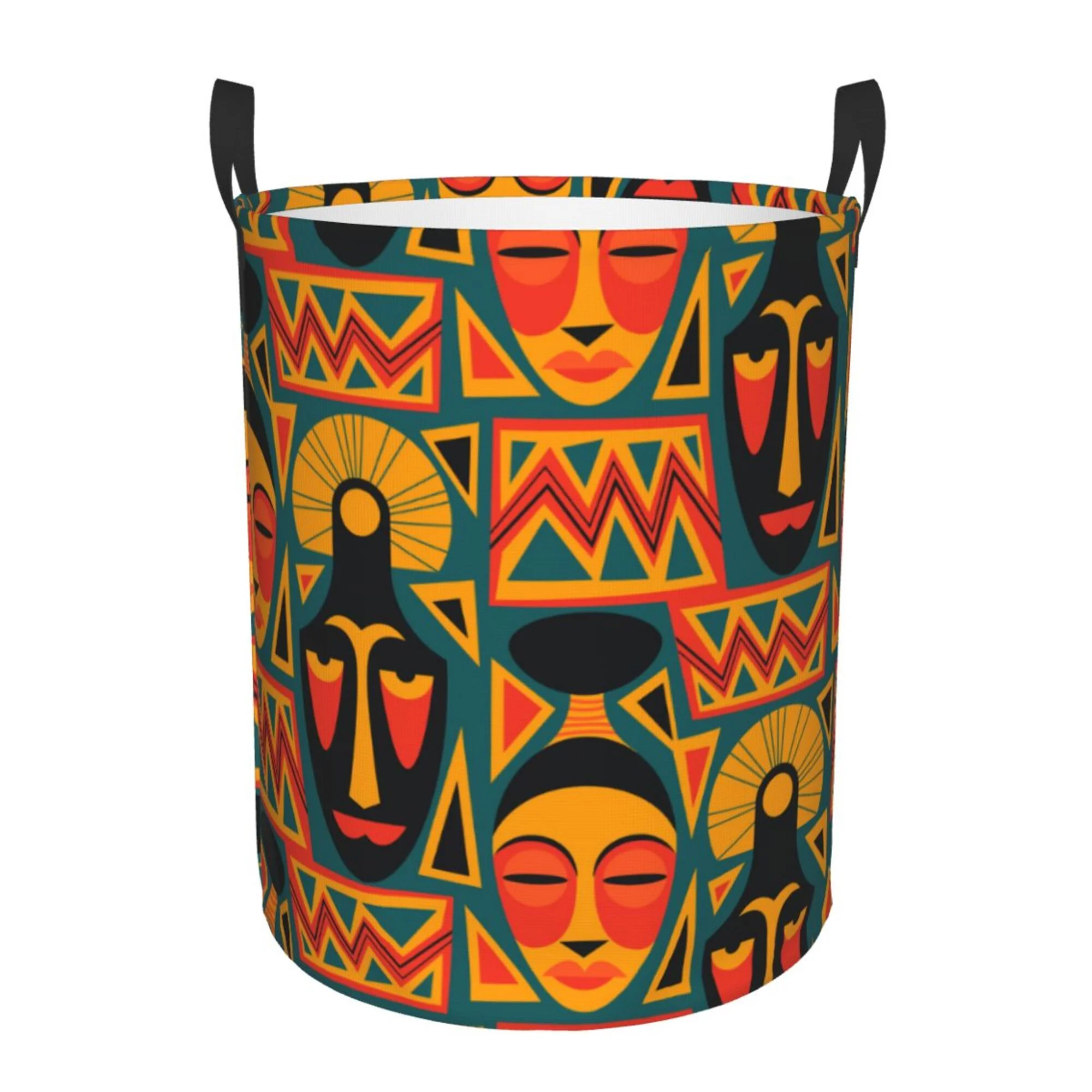 TEQUAN Waterproof Laundry Hampers, African Culture Element Tribal Mask Pattern Clothes Storage Basket with Handle (S)