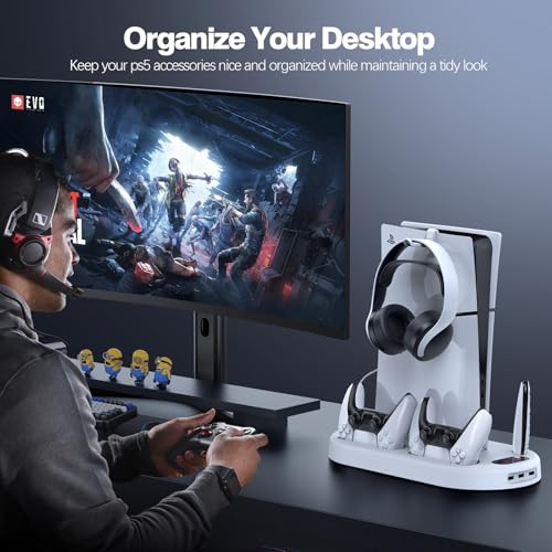 AMZDM Cooling Station PS5 Slim Stand PS5 Pro Cooling Fan with Charging Station PlayStation 5 Console Cooler with Docking Station Controller Charger PlayStation 5 Pro & Slim Disc & Digital White
