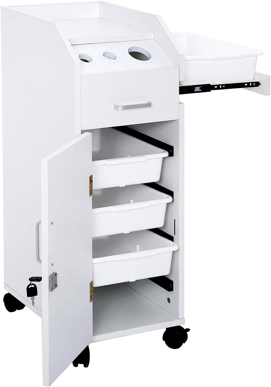 Rolling Hair Salon Storage Cart with Wheels & 3 Hair Dryer Holders & Drawers & Lock Hairdressing Tools Station Mobile Makeup Case SPA Utility Trolley,Space Saving Rolling Beauty Cart for Extra Storage