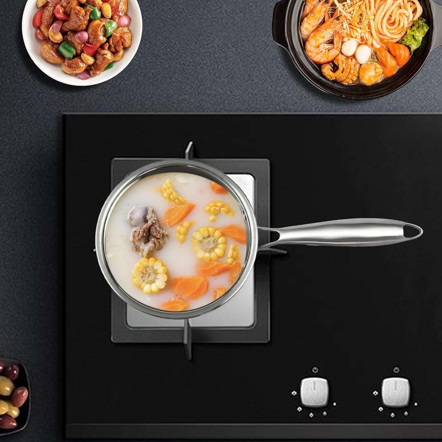 2-Layer Stainless Steel Steamer Pot, 1 Saucepan & 1 Steamer with Transparent Lid, Stackable Food Steamer, Vegetable Steamer Cooker, Steamer Cookware Pot