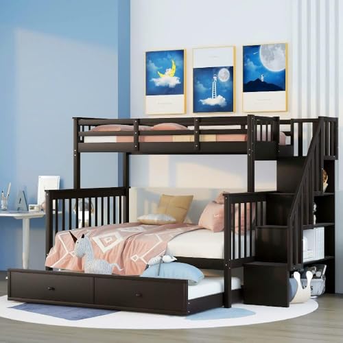 Harper & Bright Designs Twin Over Full Bunk Beds with Twin Size Trundle & Stairway, Solid Wood Bunk Bed Twin Over Full Size with Storage and Guard Rail for Bedroom, Dorm, Kids, Teens,Adults,White