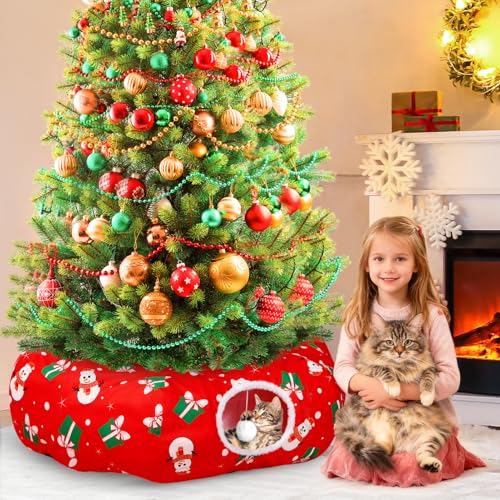 Cat Tunnel Christmas Tree Skirt, Diameter 3 Ft Round Cat Tunnel Donut with Plush Toy Ball, Under Tree Circle Bed for Small Pet Indoor Outdoor, Red Xams Festive Decorations