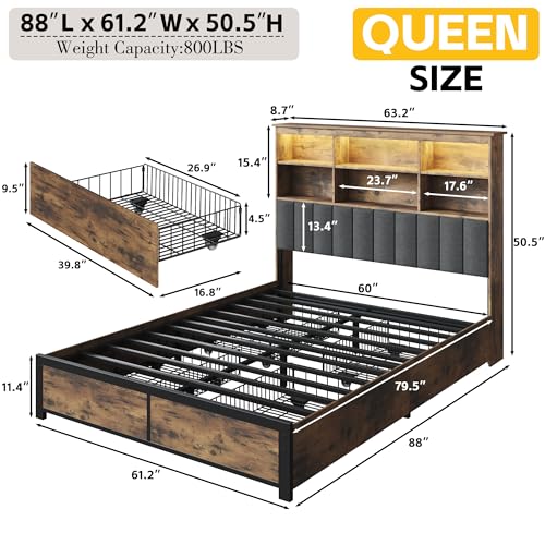 Lifezone Queen Bed Frame with Headboard, Queen Bed Frame with High Storage Bookcase Headboard,4 Storage Drawers & Charging Station & LED,No Box Spring Needed/Noise Free/All-Metal Support,Rustic Grey