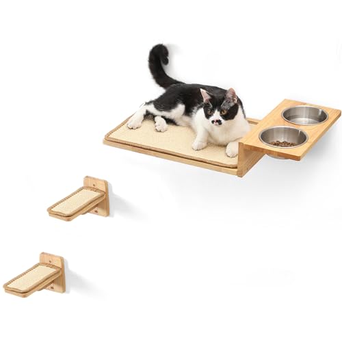 FUKUMARU Cat Wall Shelves, 3 In 1 Cats Walls Furniture Set, Food Station with 2 Steps , Solid Rubber Wood Perch, Suitable for Kitten Play, Nap, Eat, DIY Wall Jungle Gym