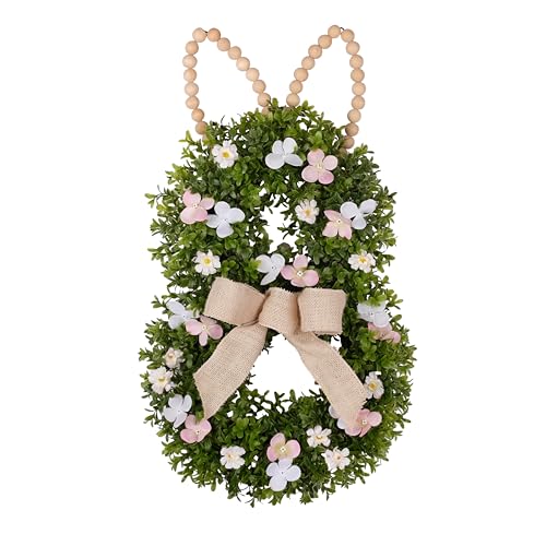 Bunny Shaped Easter Wreath for Front Door, Handmade Spring Easter Artificial Boxwood Wreath with Beaded Ears for Home Door Wall Decor - 24 H X 14 W