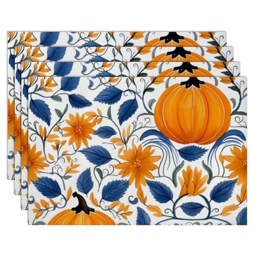 Vibrant Botanical Design Place Mats for Dining Table Faux Leather 12 X 18 in Table Mats Orange Blue Pumpkin Dining Decor Fall Kitchen Decor Halloween Placemat Mother' S Day Placemats Pack of 6