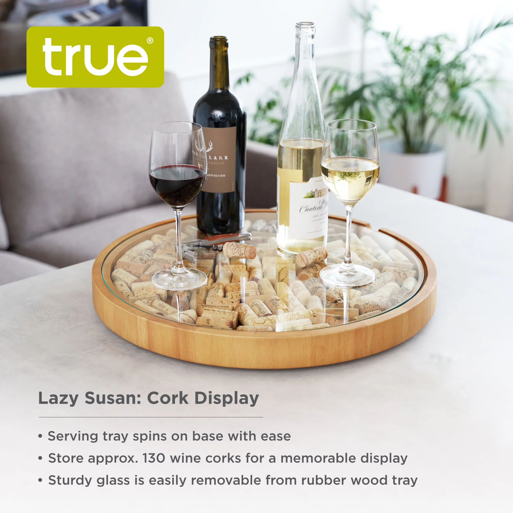 True Wine Cork Collector Lazy Susan Turntable, Wooden and Glass Storage for 130 Corks, Tabletop or Countertop Organization, Set of 1