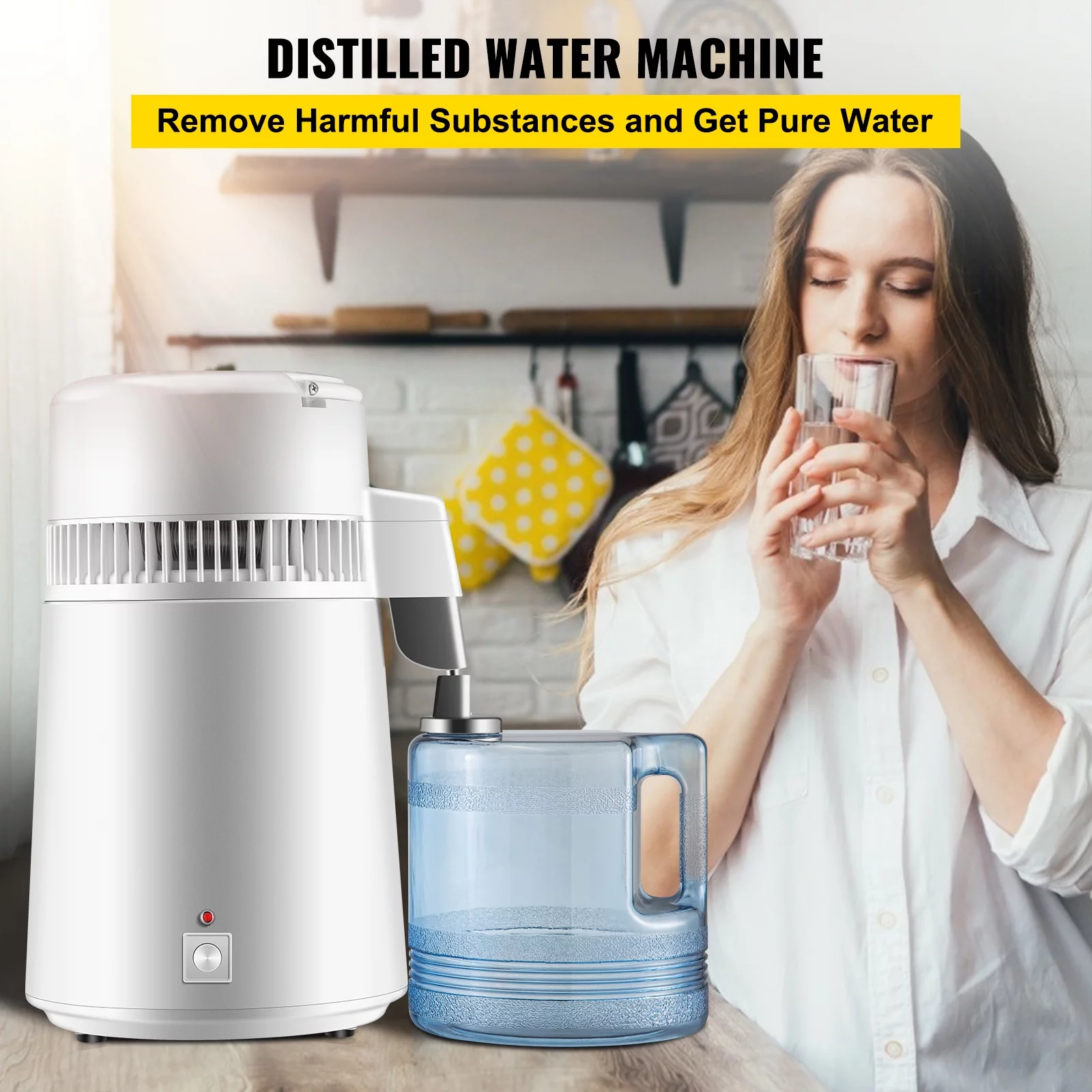 VEVORbrand Pure Water Distiller 750W, Purifier Filter Fully Upgraded with Handle 1.1 Gal /4L, BPA Free Container, Perfect for Home Use, White