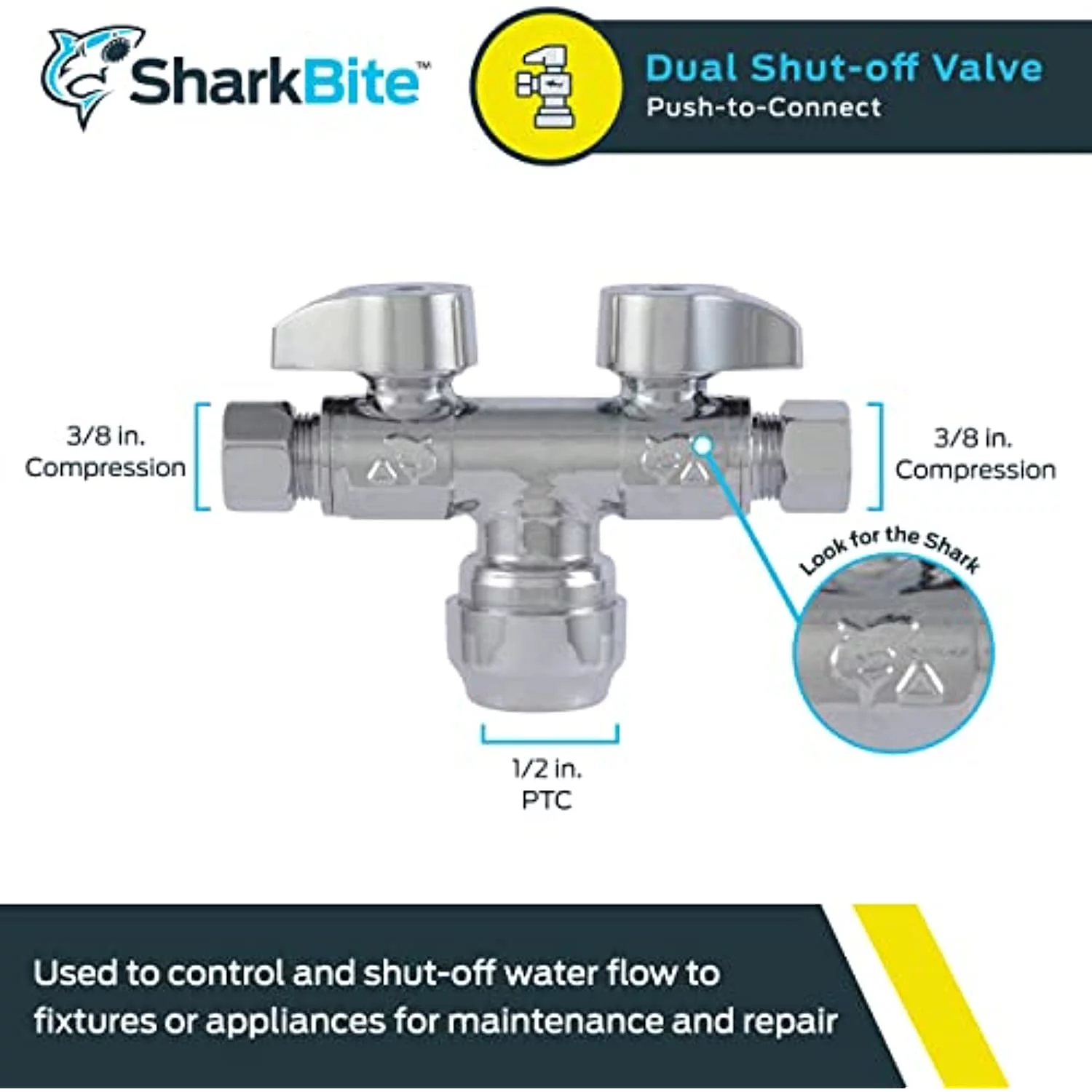 Sharkbite SBDS123838 0.5 in. x 0.375 x 0.375 Cmp Dual Stop Valve