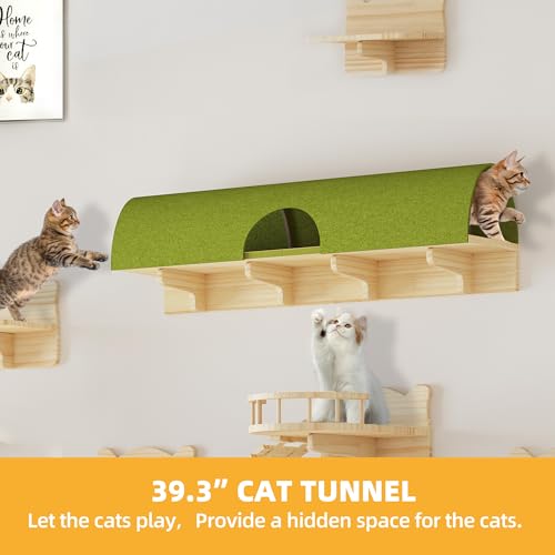 Cat Wall Shelves and Perches, Solid Wood Wall Mounted Cat Furniture, Set of 13 Cat Climbing Shelves with Moon Hammock, House, Wall Ladder, Scratching Post and Cat Tunnel